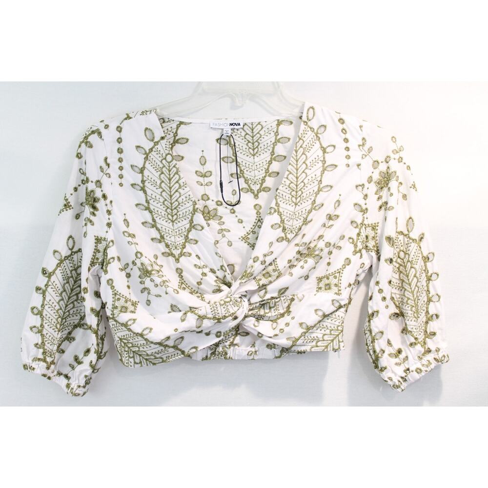 Fashion Nova Leia Eyelet Crop Top Womens L White Green Embroidered Twist Knot
